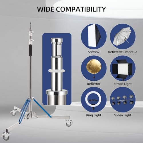 Heavy Duty Light Stand with Caster - 10.5ft/320cm Adjustable Light Stand with Stainless Steel, High Stability and Mobility Light Stand Photography for Strobe Light, Softbox, Reflector