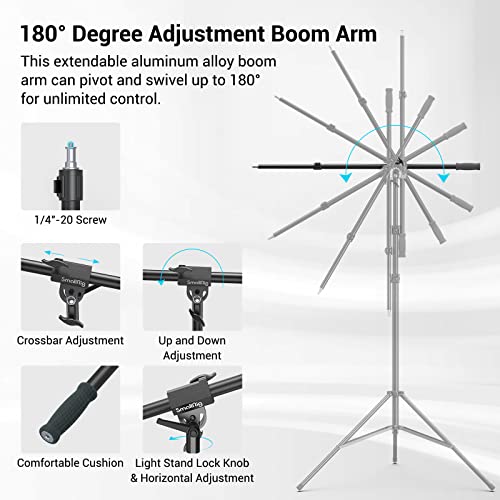 SmallRig 110"/9.2ft Photography Light Stand with Boom Arm, Heavy-Duty Aluminum Air-Cushioned Light Tripod Stand with 1/4" Screw for Softbox, Studio, Flash, Ring Light, Camera, 11lbs Max Load, RA-S280A - size: 9.2ft (with Boom Arm)