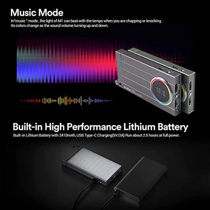 Godox M1 RGB LED Full Color Video Light,Pocket Size RGB Mini Video Light，13W 2500k-8500k Adjustable,CRI97 TLCT97,Music Beats Light Function and 40 FX Lighting Effects with Aluminum Alloy Shell(Gray) - color: Gray