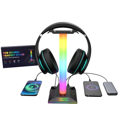 RGB Gaming Headphone Stand with Charging Hub, Headset Holder for Desk with Controller Organizer, 3 Ports USB-A and USB-C, 10 Lighting Modes, Touch Control for PS5 Xbox PC Gaming Setup