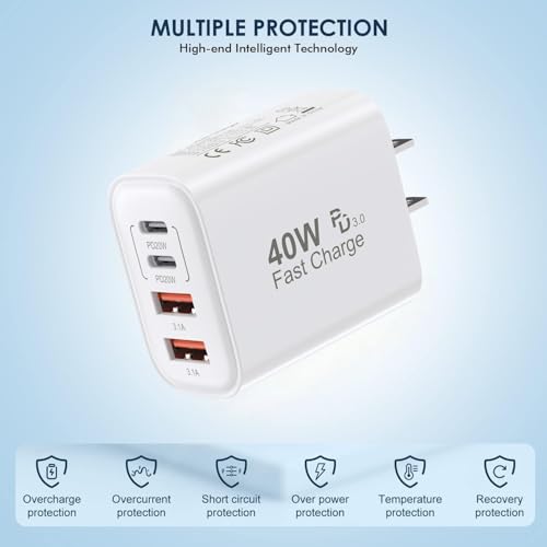 2Pack iPhone 17 16 15 Pro Max Fast Charging Block,6FT USB C to C Woven Cable Cord 40W USB C Apple Charger 4 Port PD&AC Charger Block Fast Charging for iPhone 17 Air/16e/17/16 /15 Plus/Pro/Pro Max/iPad - size: 6FT C-C