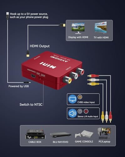 ABLEWE RCA to HDMI,AV to HDMI Converter, 1080P Mini RCA Composite CVBS Video Audio Converter Adapter Supporting PAL/NTSC for TV/PC/ PS3/ STB/Xbox VHS/VCR/Blue-Ray DVD Players, Red - color: Red