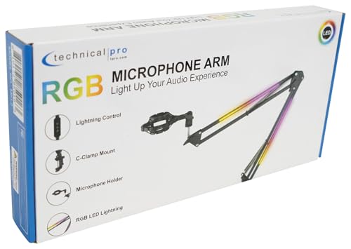 Technical Pro MKL2 Microphone Boom Arm Stand with LED Lighting - 27.6" Articulating Arm, 360° Rotation, Spider Shock Mount, C-Clamp - duoCo StripX App Control - 5V USB Power - 3.5 lb Capacity - Black