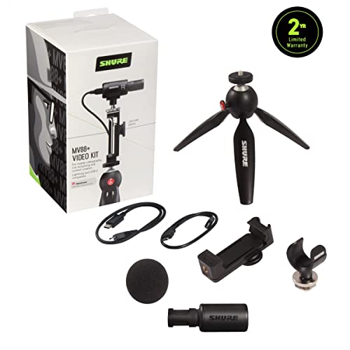 Shure MV88+ Video Kit Digital Stereo Condenser Microphone for iPhone, Android, Mac & PC - Portable Recording Mic with DSP Controls, Headphone Monitoring & Tripod, Black - style: MV88+ Wired KIT