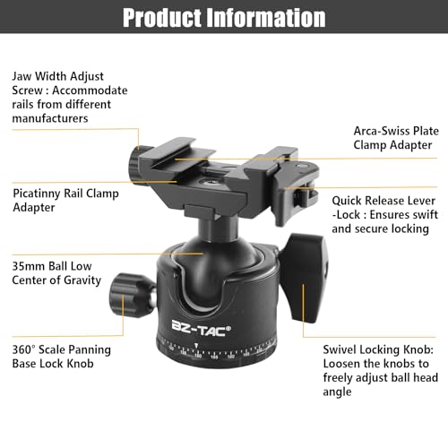 BZTAC Low Profile Shooting Camera Tripod 35mm Ball Head 2 in 1 Ball Head Compatible with Arca or Picatinny Quick Release Plate 3/8" Thread Mount 360 Panorama Rotation for Tripod Camera