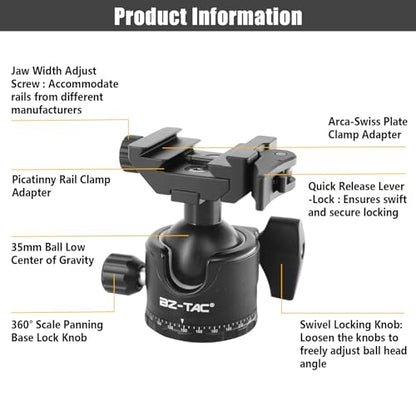 BZTAC Low Profile Shooting Camera Tripod 35mm Ball Head 2 in 1 Ball Head Compatible with Arca or Picatinny Quick Release Plate 3/8" Thread Mount 360 Panorama Rotation for Tripod Camera