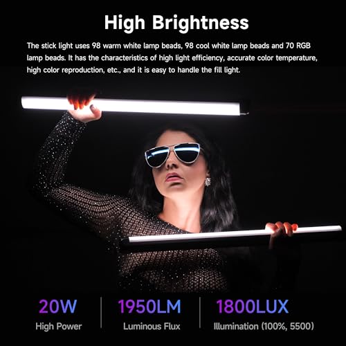 VILTROX K60 2 Pack Large Handheld Stick Light, 32Wh Rechargeable Battery 20W 1950lm RGB LED Video Light w PD Fast Charging CRI 97+ 2500K-8500K LCD Display, 22.8" Tube Light for Photography Light Wand