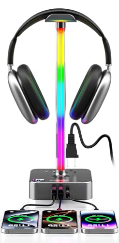 cozoo Gifts for Gamer Men All-in-One RGB Headset Stand & Charging Station | 3 USB Ports, 2 Outlets, Metal Space Gray | Gaming Equipment, Game Room Setup, Christmas Gifts for Him,Teen Boys,Tech Lovers - color: Gray - RGB