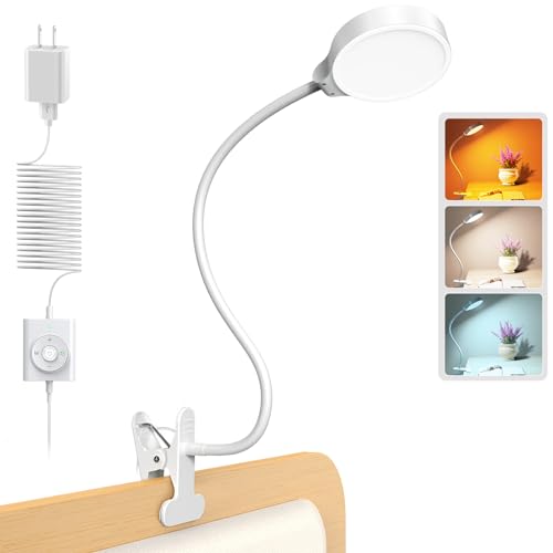 Glocusent 5W 36 LED Reading Clip on Light for Bed, Eye Caring Bed Lamp, 3 Colors & 5 Brightness Levels for Headboard with Adapter, Perfect for Reading, Working & Studying (White) - color: White