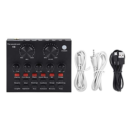 V8 Live Sound Card, Audio Mixer USB External Sound Card Headset Microphone Sound Card Live Broadcast KTV Sound Card for Double Cell Phone for Live KTV Voice Chat(Black)