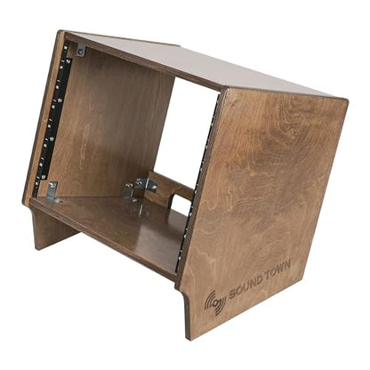 Sound Town DIY 8U Angled Desktop Turret Studio Rack with Solid Baltic Birch Plywood, Weathered Brown, Assembly Required (SDRK-8SLB) - size: 8U, Weathered Brown