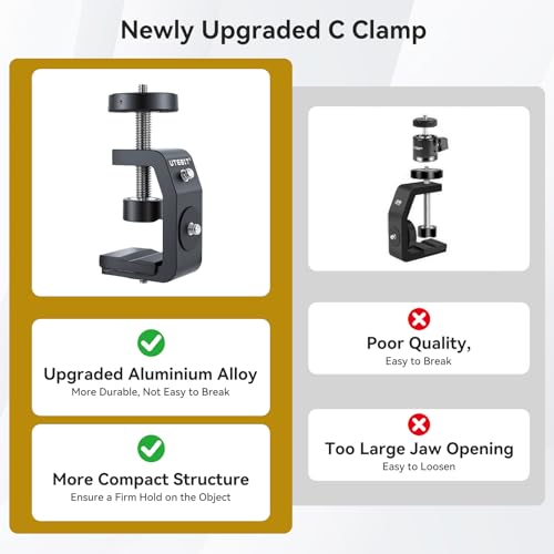 UTEBIT 40mm C-Clamp Camera Mount with Mini Ball Head, Black | 1/4 Thread Hole Metal Clamp with 360° Swivel Ballhead Camera Mount 1/4 Hot Shoe Adapter for Camera Desk Bicycle Woodworking - size: 40mm