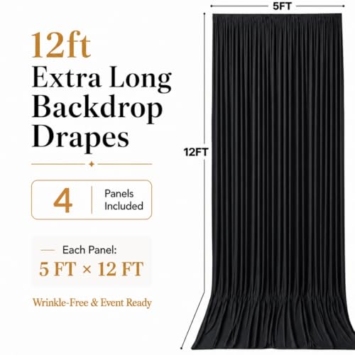 20ft x 12ft Black Backdrop Curtains, Wrinkle Free Thick Fabric Polyester Curtains Backdrop Drapes Cover for Parties Wedding Birthday Photography Background, 4 Panels 5ft x 12ft - color: Black, size: 20FT(W) x 12FT(H)