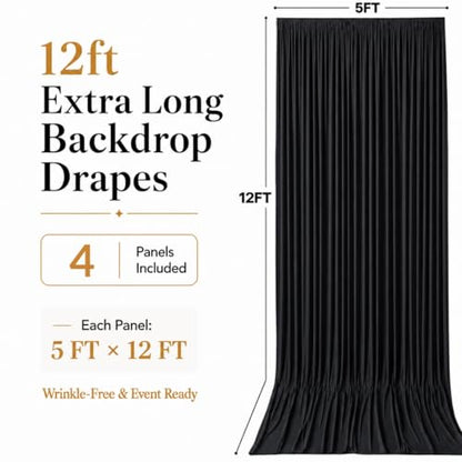 20ft x 12ft Black Backdrop Curtains, Wrinkle Free Thick Fabric Polyester Curtains Backdrop Drapes Cover for Parties Wedding Birthday Photography Background, 4 Panels 5ft x 12ft - color: Black, size: 20FT(W) x 12FT(H)