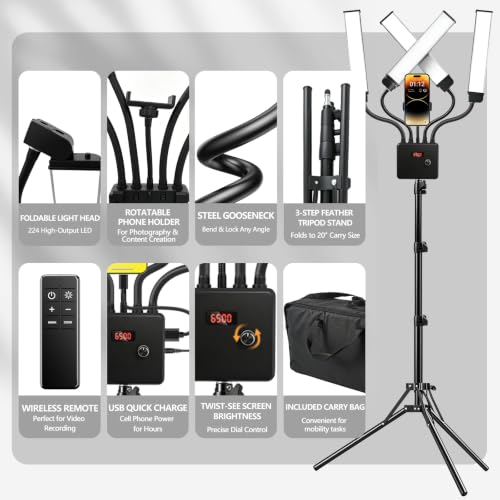 Selfie Light with 75'' Tripod Stand, Dimmable 3 Color Four Arms LED Tattoo Light with Phone Holder & Carry Bag, LED Light for Lash Tattoo Video Photography Live Stream, 80W 95CRI Floor Lamp