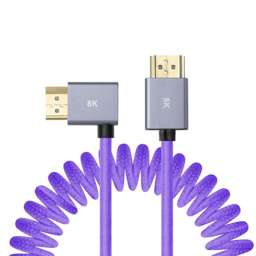 Uonecn Right Angle HDMI 2.1 Cable for Camera, 48Gbps 8K Braided Coiled HDMI for Atomos Ninja V, Portkeys BM5, Short HDMI Cable for Sony A7iv, Z-CAM F6, Z-Cam E2 Pro Cameras, Purple, Left to Straight - color: Purple, size: Straight to Left Angle