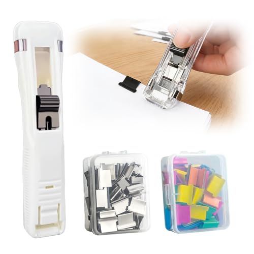 Portable Binder Clip Stapler, 2026 New Reusable Portable Paper Clam Clip Dispenser, 100 Metal Refill Clips (50 Silver + 50 Color) for Home, School, Desk Office (White-1PCS) - color: White-1pcs