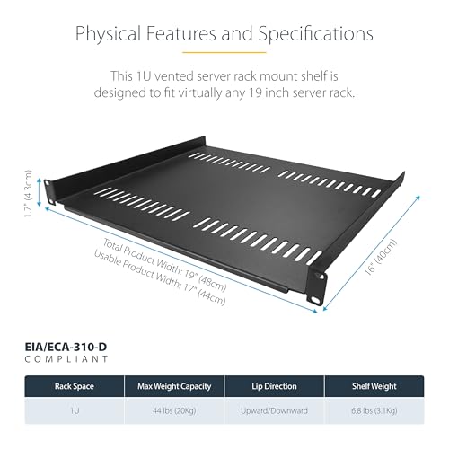 StarTech 1U Vented Cantilever Rack Shelf, 16in, 44lb/20kg (CABSHELF116V) - size: 16", style: single