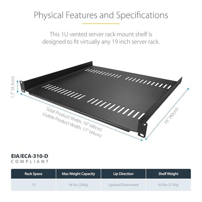 StarTech 2-Pack 1U Vented Cantilever Shelf, 16in, 44lb (CABSHELF116V2PK) | 44lb/20kg each, 16in/40cm deep, 14-gauge SPCC steel, EIA-310 fit - size: 16", style: 2-pack