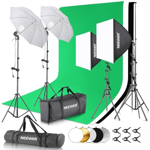 NEEWER Photography Lighting Kit with Backdrops,8.5x10ft Backdrop Stands,5700K 800W Equivalent 24W LED Umbrella Softbox Continuous Lighting,60cm Light Reflector, Photo Studio Equipment for Video Shoot - style: NK102