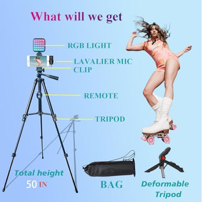 for iPhone Vlogging Kit, Vlogging Kit for Andriod Phone with Two Tripods RGB Light Lavalier Microphone Remote for YouTube Tiktok Content Creator - size: With Wireless Mic