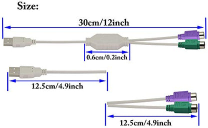 12Inch White PS/2 to USB Adapter Keyboard Mouse Converter Cable,USB Male to Dual PS2 Female Y Splitter Cable,Support Win98/ME/2000/XP/7/8/8.1,etc.(30cm/1Pack) - color: White