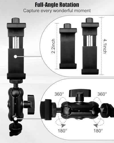 Upgrade Cell Phone Fence Mount with Shade Fit for iPhone GoPro Mevo Start and Other Action Cameras, Fence Phone Holder Suitable for Recording Various Ball Games, Multi-Point Adjustable, Black