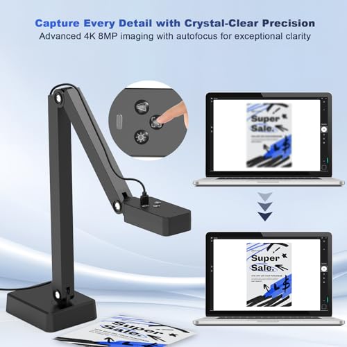 4K Document Camera for Teacher and Classroom, 8MP USB Webcam & Visualiser | A4 A3 Document, Doc Cam with Foldable Alloy Stand, Auto focus, LED Light & Mic, Work with Zoom, Mac, Windows, Chromebook