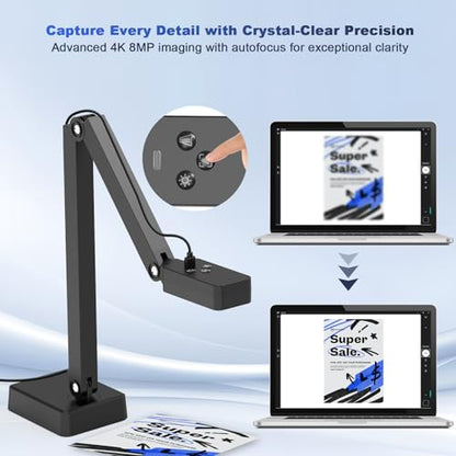 4K Document Camera for Teacher and Classroom, 8MP USB Webcam & Visualiser | A4 A3 Document, Doc Cam with Foldable Alloy Stand, Auto focus, LED Light & Mic, Work with Zoom, Mac, Windows, Chromebook