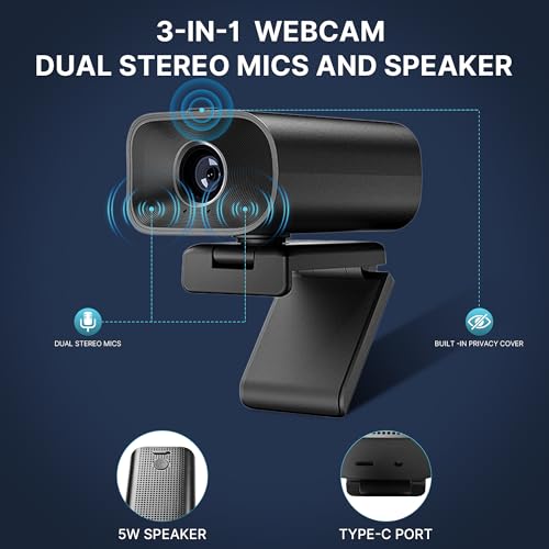 Webcam with 5W Speaker and Microphones for PC,Computer USB Camera 5X Digital Zoom ePTZ 1080P Webcam with Privacy Cover &Remote for Conference, Laptop, Desktop,Mac, Streaming, Gaming