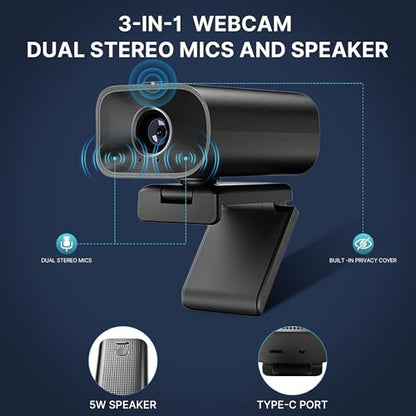 Webcam with 5W Speaker and Microphones for PC,Computer USB Camera 5X Digital Zoom ePTZ 1080P Webcam with Privacy Cover &Remote for Conference, Laptop, Desktop,Mac, Streaming, Gaming