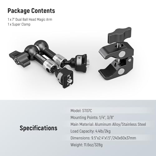 NEEWER 7" Articulating Magic Arm Clamp Mount with Super Clamp, Camera Monitor Mount with 1/4" 3/8" ARRI Locating Pins & Holes for DSLR Action Camera Video Light Compatible with SmallRig Cage, ST07C - style: ST07C w/Clamp