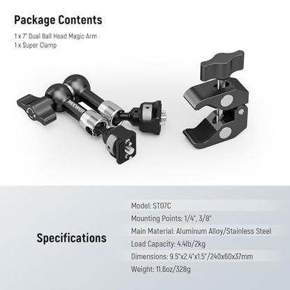 NEEWER 7" Articulating Magic Arm Clamp Mount with Super Clamp, Camera Monitor Mount with 1/4" 3/8" ARRI Locating Pins & Holes for DSLR Action Camera Video Light Compatible with SmallRig Cage, ST07C - style: ST07C w/Clamp