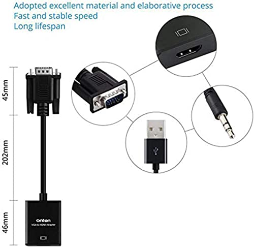 ONTEN VGA to HDMI, 1080P Adapter (Male to Female) for Computer, Desktop, Laptop, PC, Monitor, Projector, HDTV with Audio Cable and USB Cable (1 Pcs) - color: 1 Pcs, Compact