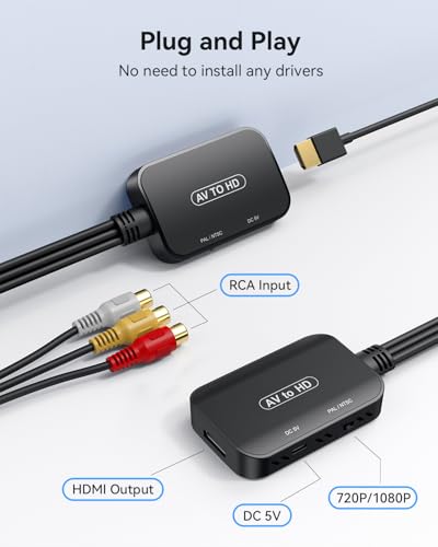 RCA to HDMI Adapter,Viagkiki AV Converter,RCA Female to HDMI Converter Composite Audio Video Converter for PS1, PS2, PS3, STB, Xbox, VHS, VCR,Black-Ray DVD Players(Cable Included) - color: Black
