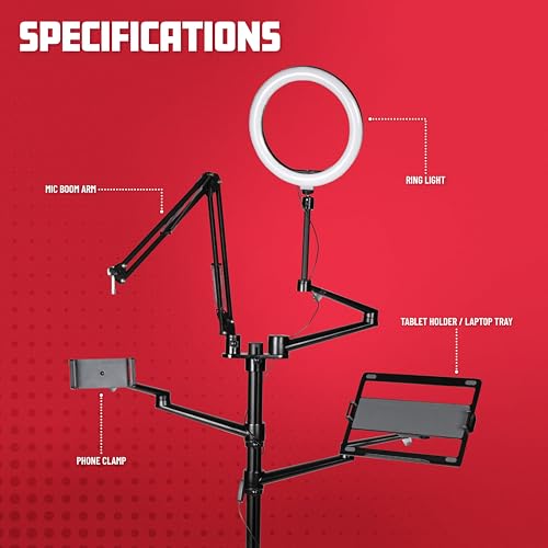 Gator Frameworks 5-in-1 Mobile Content Creator Streaming Stand with Wheeled Tripod Base – Includes Smartphone, Tablet, Laptop Clamps, Ring Light, and More! (GFW-STREAMSTAND-W) - style: Rolling Base