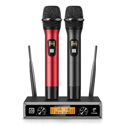 TONOR Wireless Microphones System, 2*15 Channel Metal Professional UHF Cordless Dynamic Handheld Mics with Receiver for Home Karaoke, Meeting, Party, Church, DJ, Wedding, KTV, 200ft, TW-820 Black&Red - color: Black & Red, style: 2 Mics