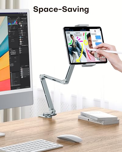 OMOTON Tablet Stand for iPad with 360° Rotation, GH03 Aluminum Alloy Long Arm Phone Mount with 2 Plastic Clamps (Phone & Tablet), Adjustable Holder for 4-13" iPad Pro/iPhone, Grey - color: Grey