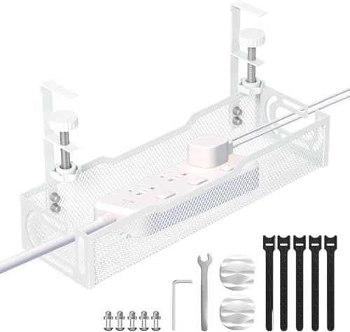 Under Desk Cable Management Tray, No Drill Mesh Desk Cable Tray, Wire Management Tray Cable Management Rack, Wire Organizer and Cable Management Box (White) - color: 1Pack-White (15.3'')