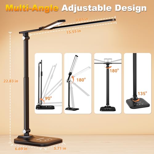 CHARYJOD LED Desk Lamp for Office Home, Height Adjustable Architect Desk Light with USB Adapter, Stepless Dimming Desk Lamp Light for Reading, Study, Workbench - color: Black