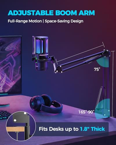 SINWE Gaming Microphone with Adjustable Boom Arm- USB PC Mic for Streaming, Gaming, Podcasts, PC, PS4 -Includes Pop Filter, Shock Mount, Quick Mute & RGB Lighting,Noise Cancelation & Gain Control