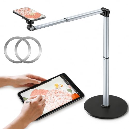 Heavy Duty Aluminum Overhead Phone Stand for Recording, Adjustable iPhone Tripod for Overhead Shots, Sturdy Stand for Cooking, Crafting, Filming, Painting – Perfect for Creators（Magnetic） - style: Magnetic