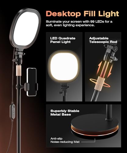 PQRQP Ring Light for Desk, Soft Lighting for Zoom & Video Calls, Selfie Light with Stand & Phone Holder, CRI 97+ Webcam Light for Recording, Streaming, Home Office