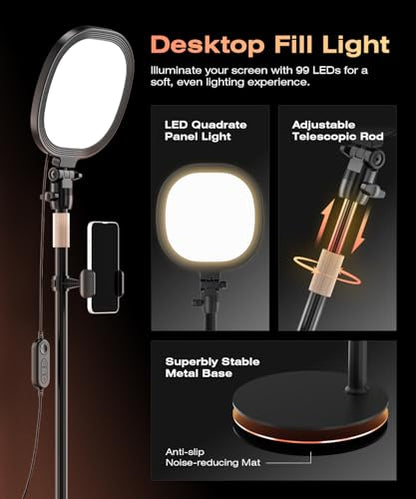 PQRQP Ring Light for Desk, Soft Lighting for Zoom & Video Calls, Selfie Light with Stand & Phone Holder, CRI 97+ Webcam Light for Recording, Streaming, Home Office