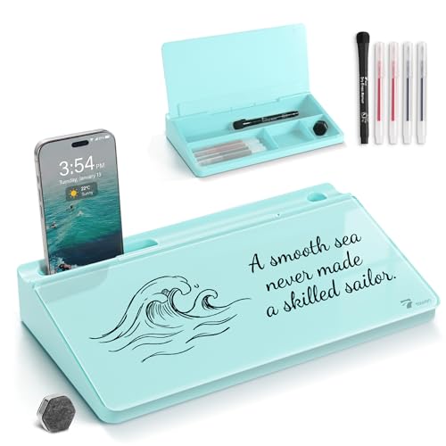TOWON Small Compact Glass Desktop Whiteboard with Storage – 12 x 7 in Dry Erase Board for Desk, Home Office, School | Includes 5 Markers, Eraser & Holder | Space-Saving Organizer, Aesthetic Teal Blue - color: Teal Blue