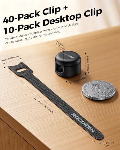 Rocoren 50 PCS Cable Management Kit 10 Magnetic Rotatable Cable Clips,40 Reusable Velcro Cord Organizer Straps, Cord Holder Accessories for Under Desk,Nightstand,Home and Office