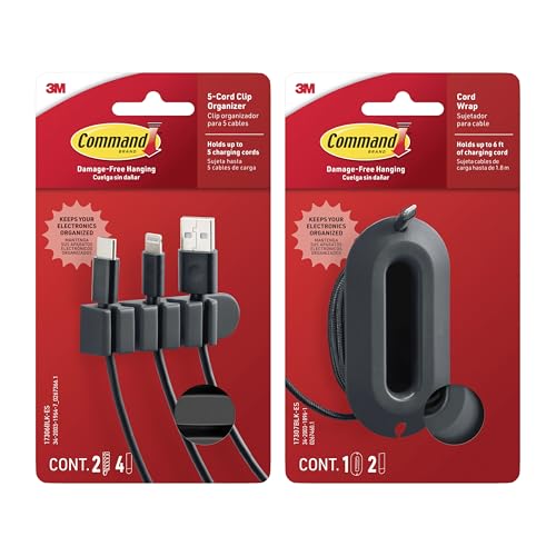 Command 5-Cord Clip Organizer and Wrap Bundle, 2 Clips, 1 Wrap and 6 Medium Strips, Black, Great for Damage-Free Electronics Organization Under Desk or Wall Mount - color: Black