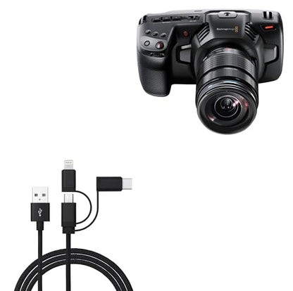 BoxWave Cable Compatible with Blackmagic Pocket Cinema Camera 4K - AllCharge 3-in-1 Cable - Jet Black
