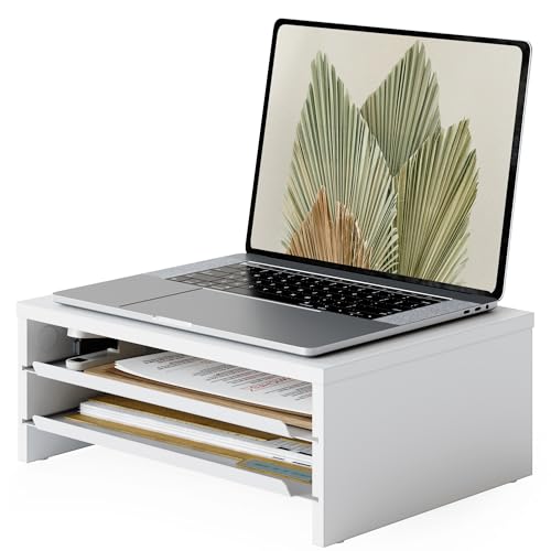 Fenge Monitor Stand, 3-Tier Monitor Riser with Slide-Out Tray, Wooden and Metal Desktop Organizer for Home Office, Computer, Laptop, Printer, Telephone - color: White
