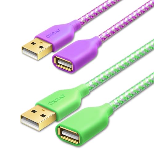 USB Extender Cord, OKRAY 2-Pack 6FT USB 2.0 Extension Cable Type A Male to A Female Data Transfer USB-A Extender Durable Nylon Braided Cable for Printer, USB Flash Drive/Game Controller (Purple Green) - color: Purple Green, size: 6FT